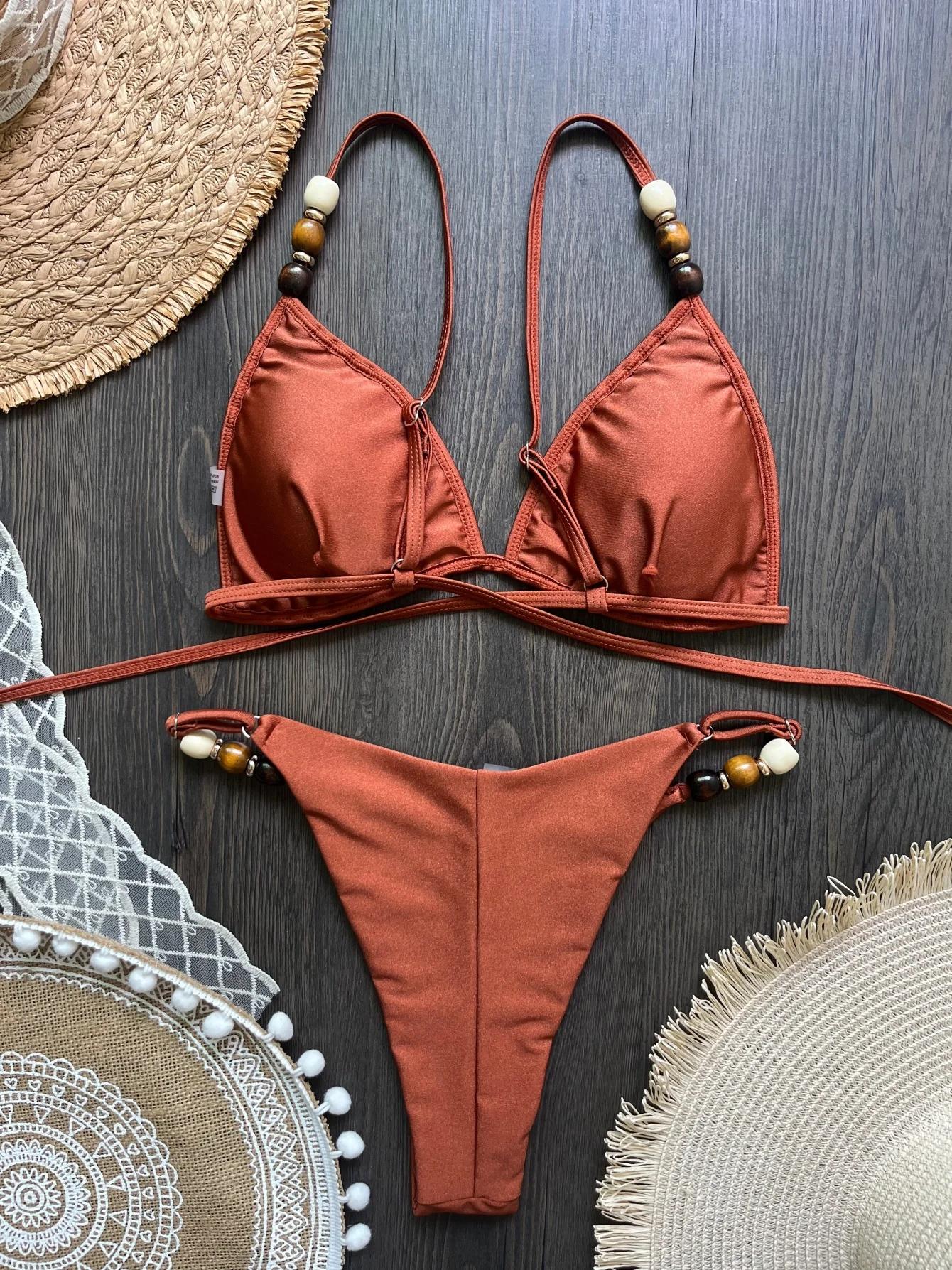 Sexy marron Bikini ensemble 2026 femmes perles sangle trou sur Push Up soutien-gorge string maillot