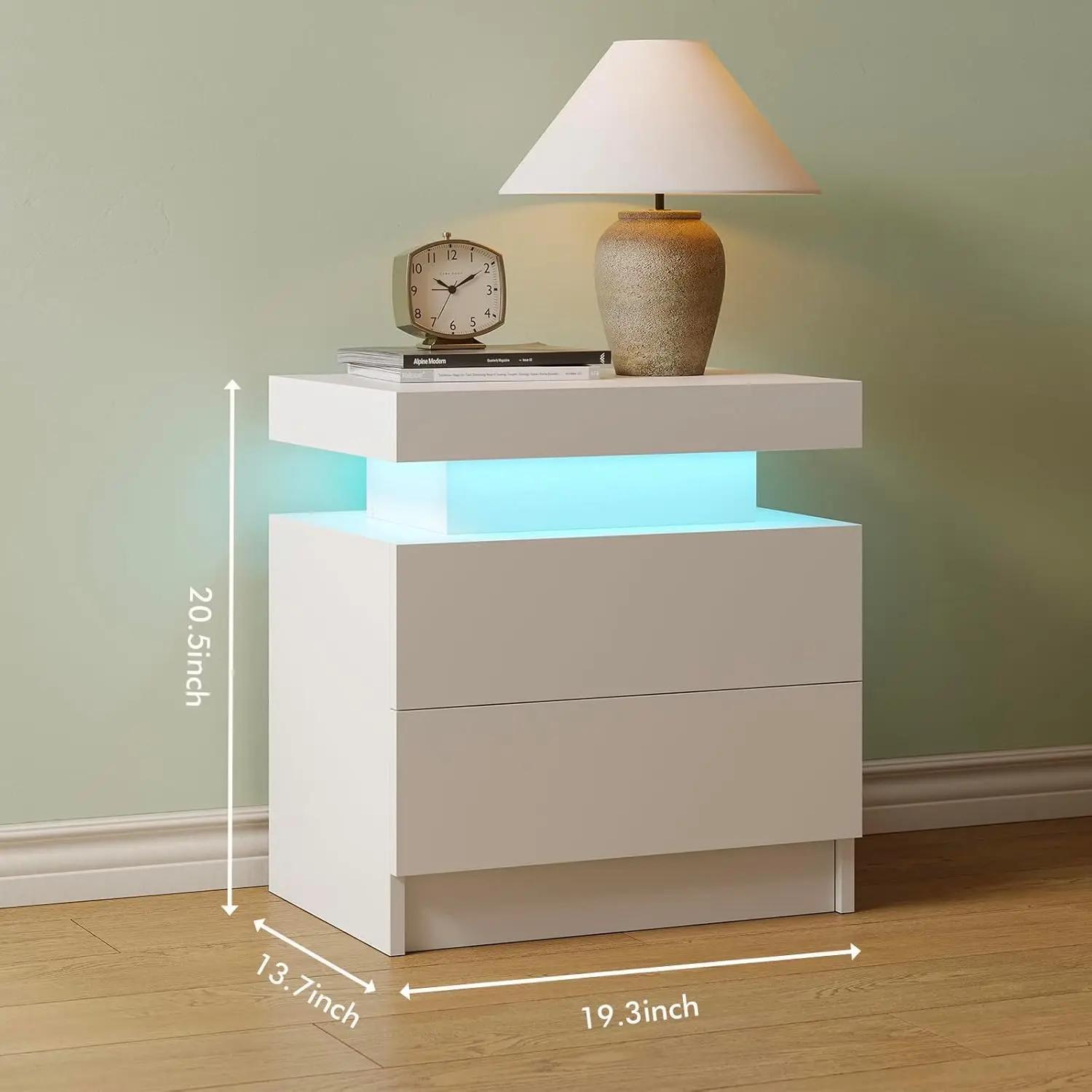 Table de chevet LED blanche, table de chevet moderne pour chambre à coucher avec 2 tiroirs en bois,