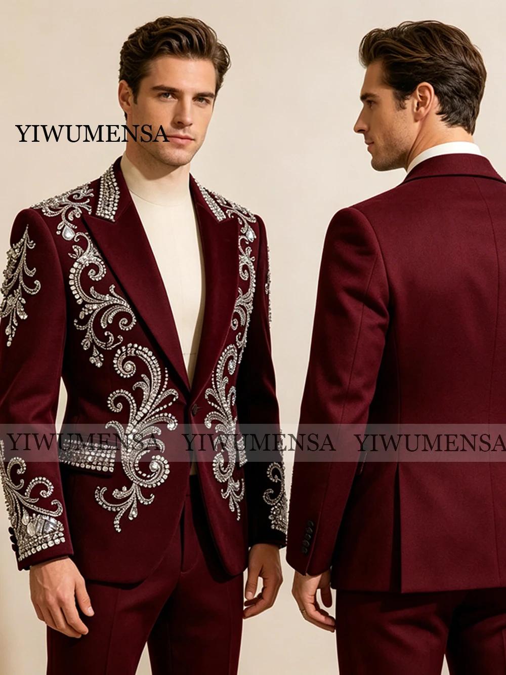 Costume de mariage personnalisé pour le marié, blazer perlé de cristaux, ensemble 2 pièces, smoking