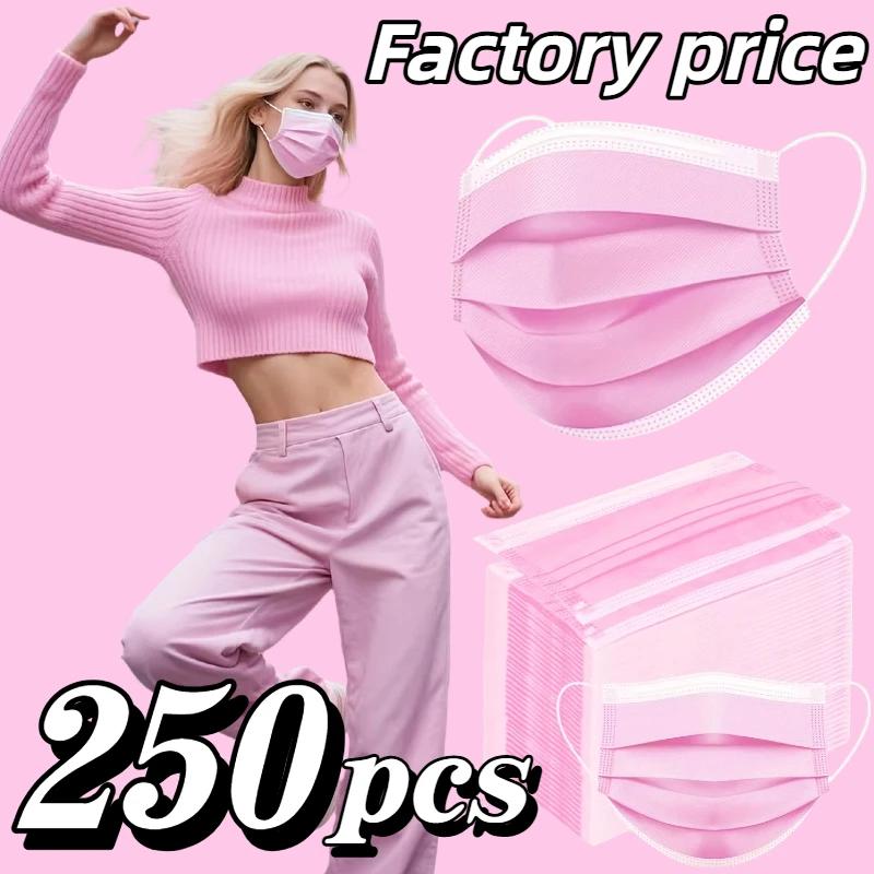 250 pièces! Masques jetables roses épaissis - 3 couches, respirants et confortables, boucles d'oreil