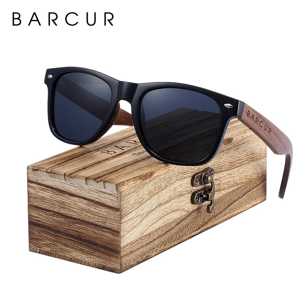 BARCUR-Lunettes de soleil polarisées carrées en bois pour homme, accessoire de haute qualité, boîte