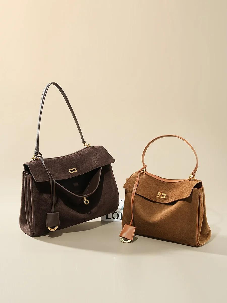 Sac à main en daim et cuir véritable pour femmes, sac à bandoulière de grande capacité, fourre-tout