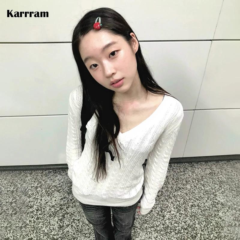 Karrram japonais Y2k col en v blanc pull Vintage Harajuku tricot mince pull Style coréen automne hiv
