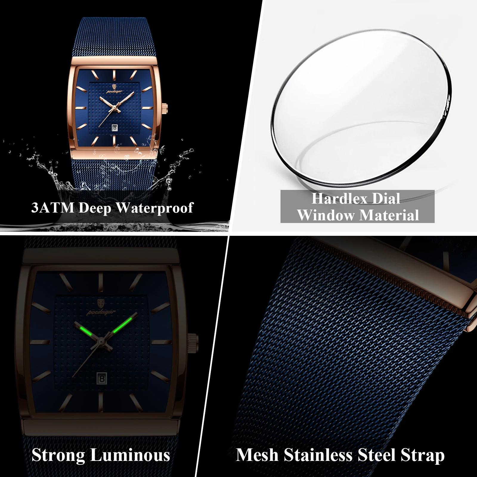 POEDAGAR Top luxe hommes montre en acier inoxydable maille Date étanche lumineux homme montre-bracel