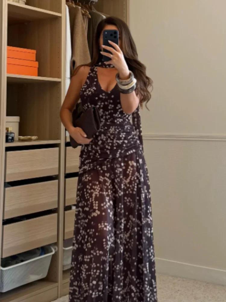 Robe longue maxi tendance pour femme à pois en maille, col en V profond chic, sans manches, transpar