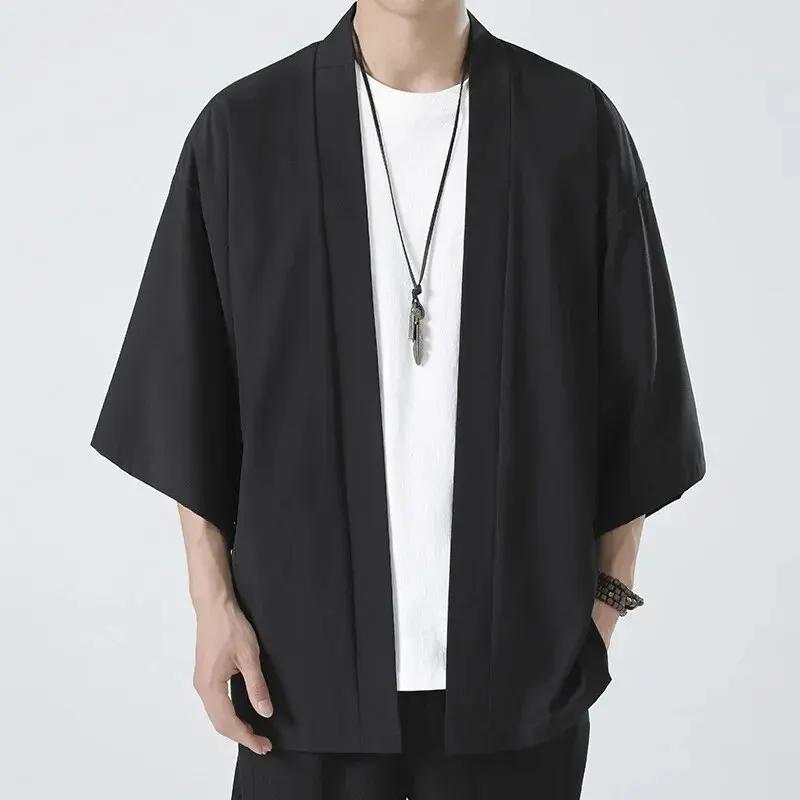 Chemise Kimono Japonais Décontractée pour Homme, Point Ouvert, observateur, Cardigan Noir à Manches