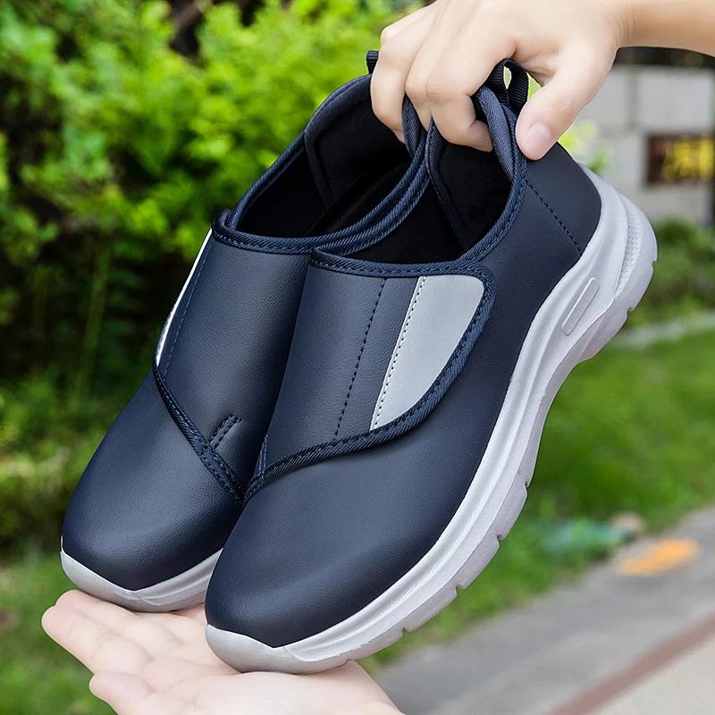 Baskets orthopédiques en cuir pour diabétiques pour hommes, chaussures ouvertes à ajustement large a