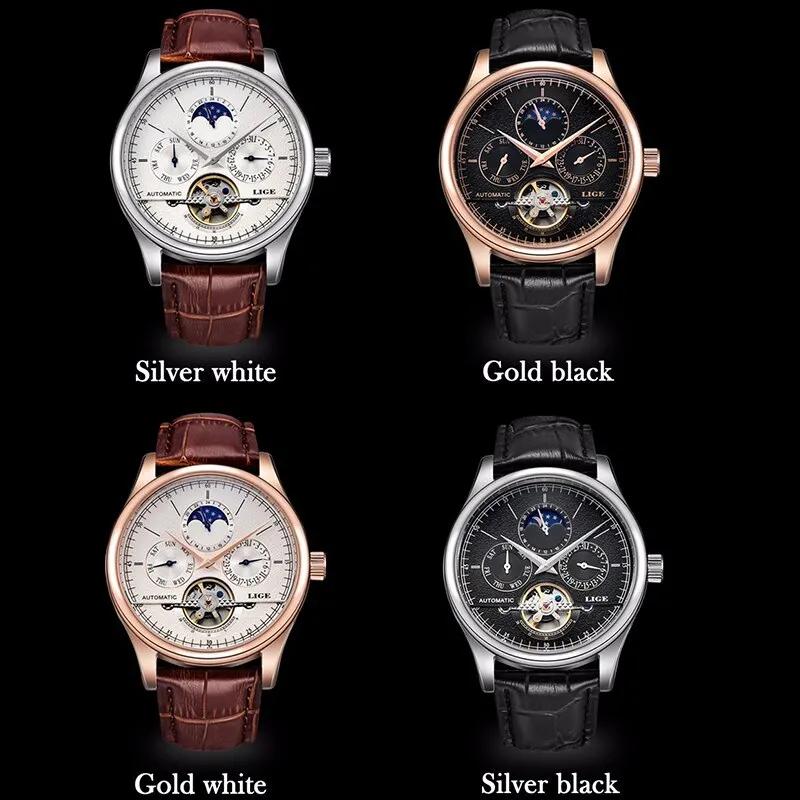 LIGE hommes montres automatique montre mécanique Tourbillon horloge en cuir véritable montre étanche