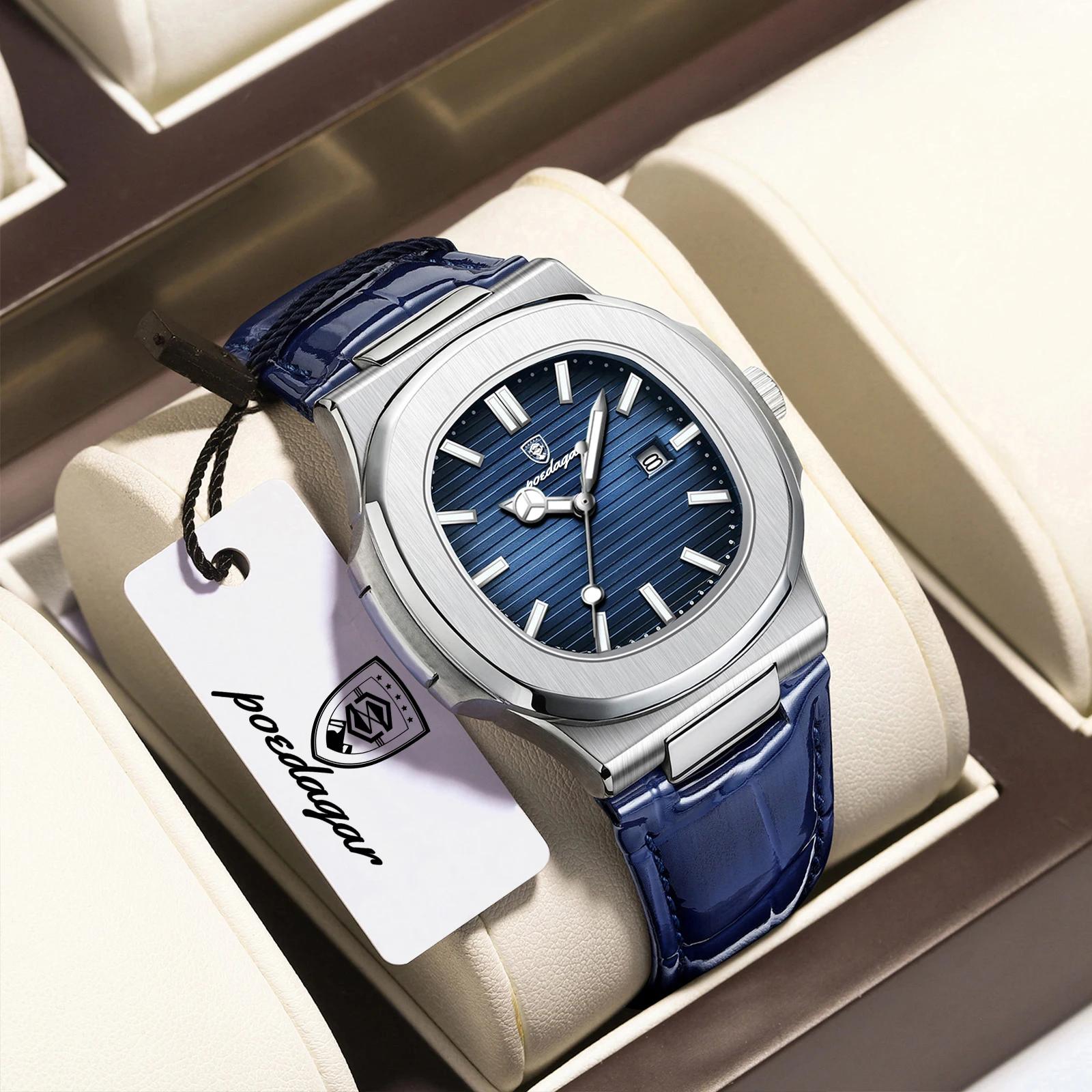 POEDAGAR Top carré homme montre Date étanche lumineux luxe hommes montre-bracelet de haute qualité e