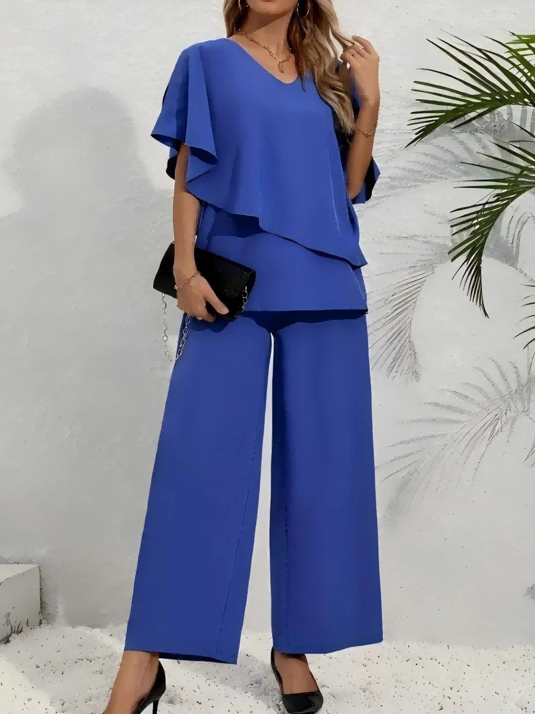 Ensemble 2 pièces pour femmes grandes tailles - Haut à manches bouffantes multicolores à col en V +