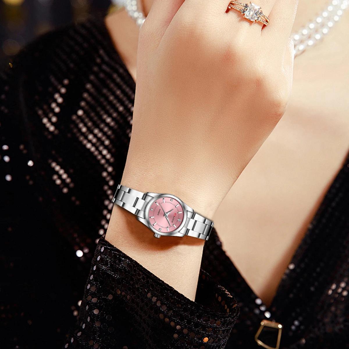 Montre pour femme de luxe 29mm à la mode en acier inoxydable strass rose minimaliste fille horloge e