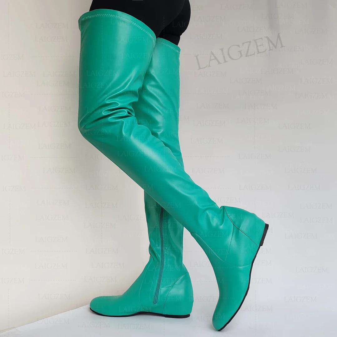 LAIGZEM femmes cuissardes en Faux cuir bout rond fermeture éclair latérale mi talons cachés bottes d