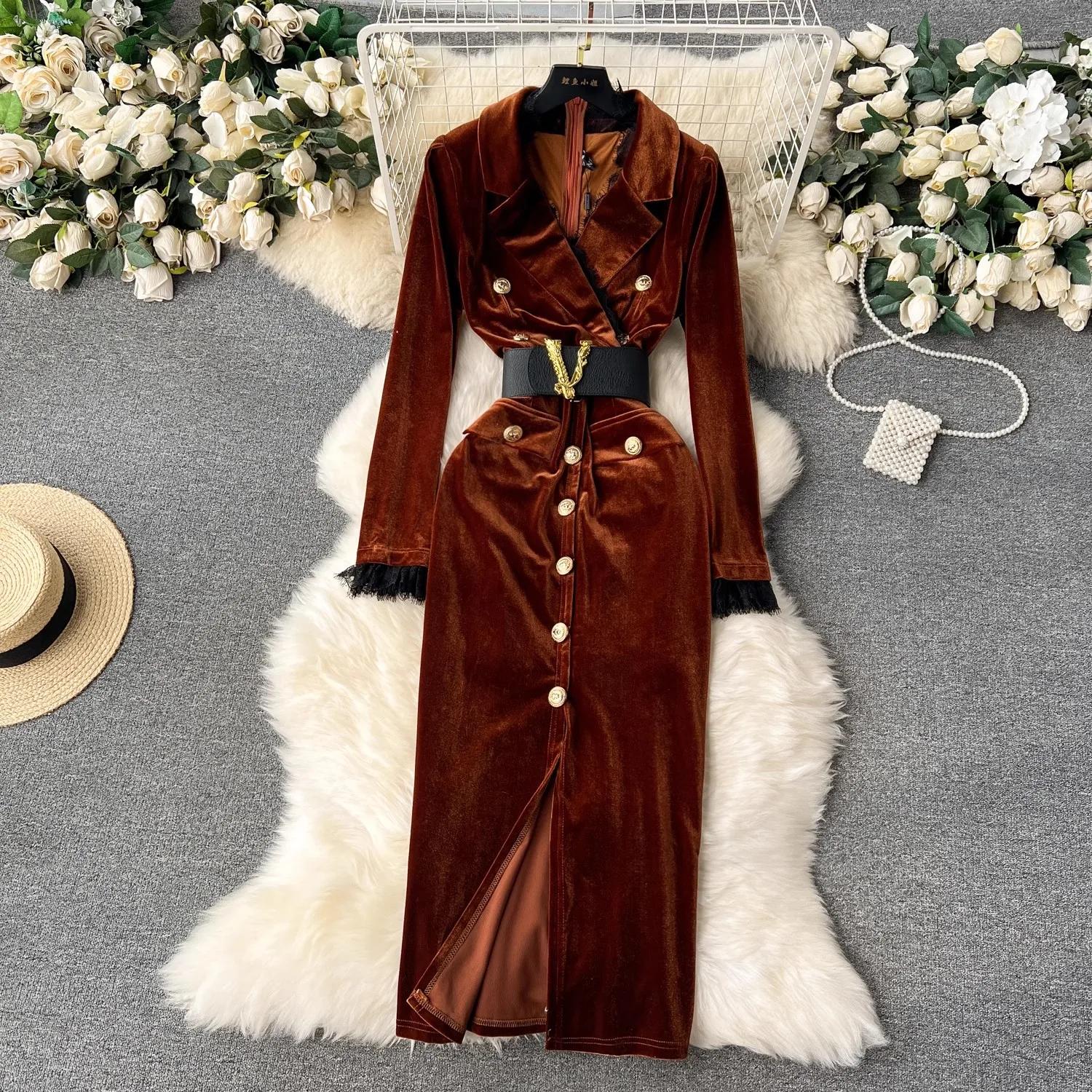 Robe en velours pour femmes, élégante, col en v, manches longues, mode, boutons moyens, gaine fendue
