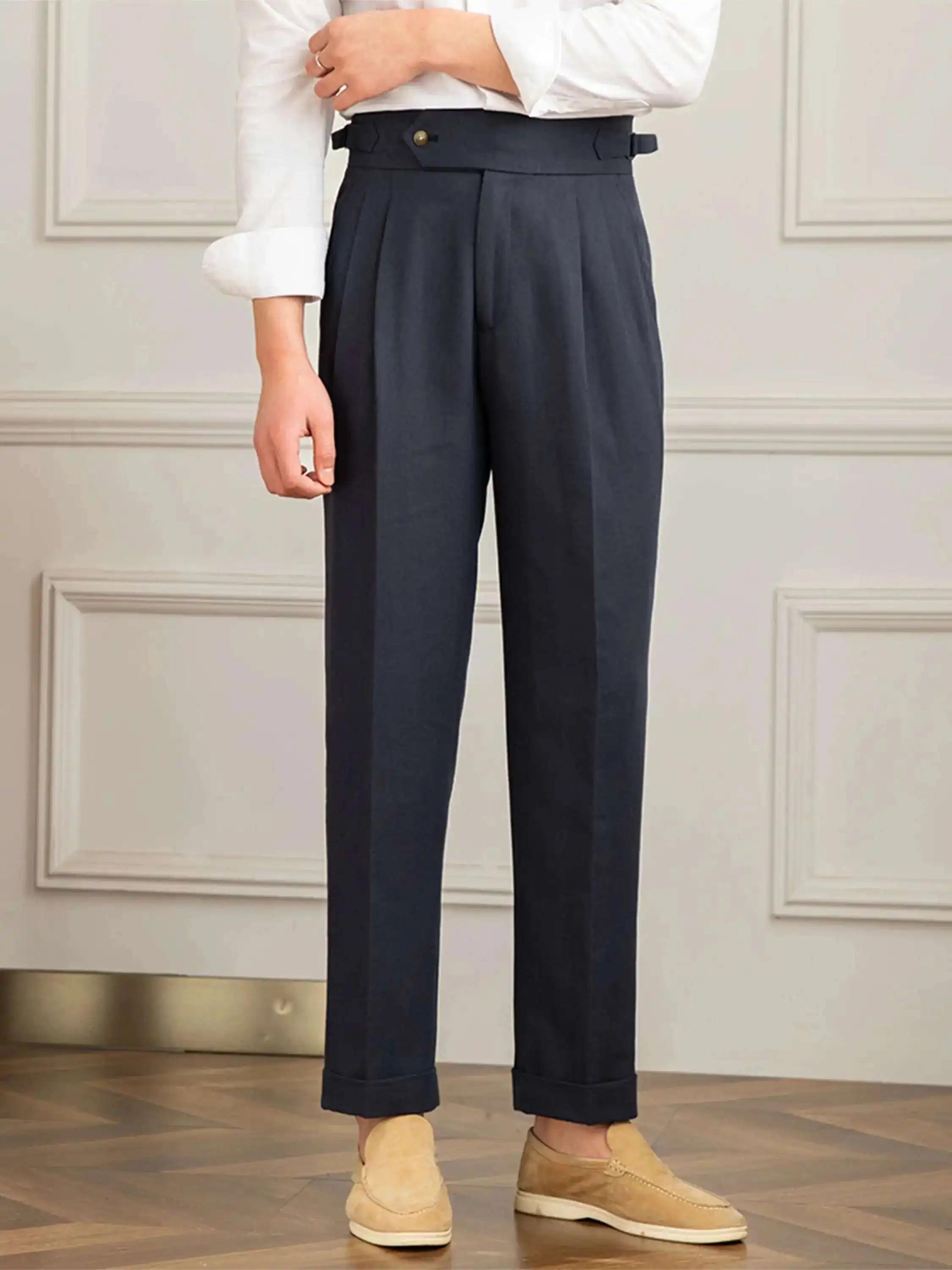 Pantalon en lin et coton taille haute pour homme, pantalon droit décontracté, pantalon plissé pour g