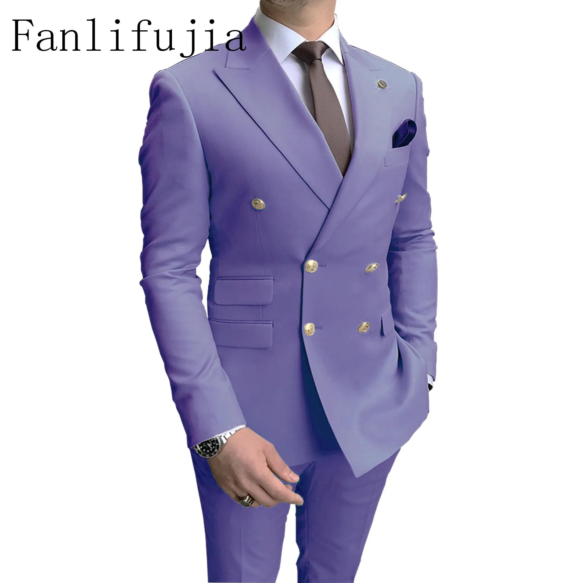 Fanlifujia-Costumes décontractés bleu ciel pour hommes, revers Patricia à double boutonnage, bouton