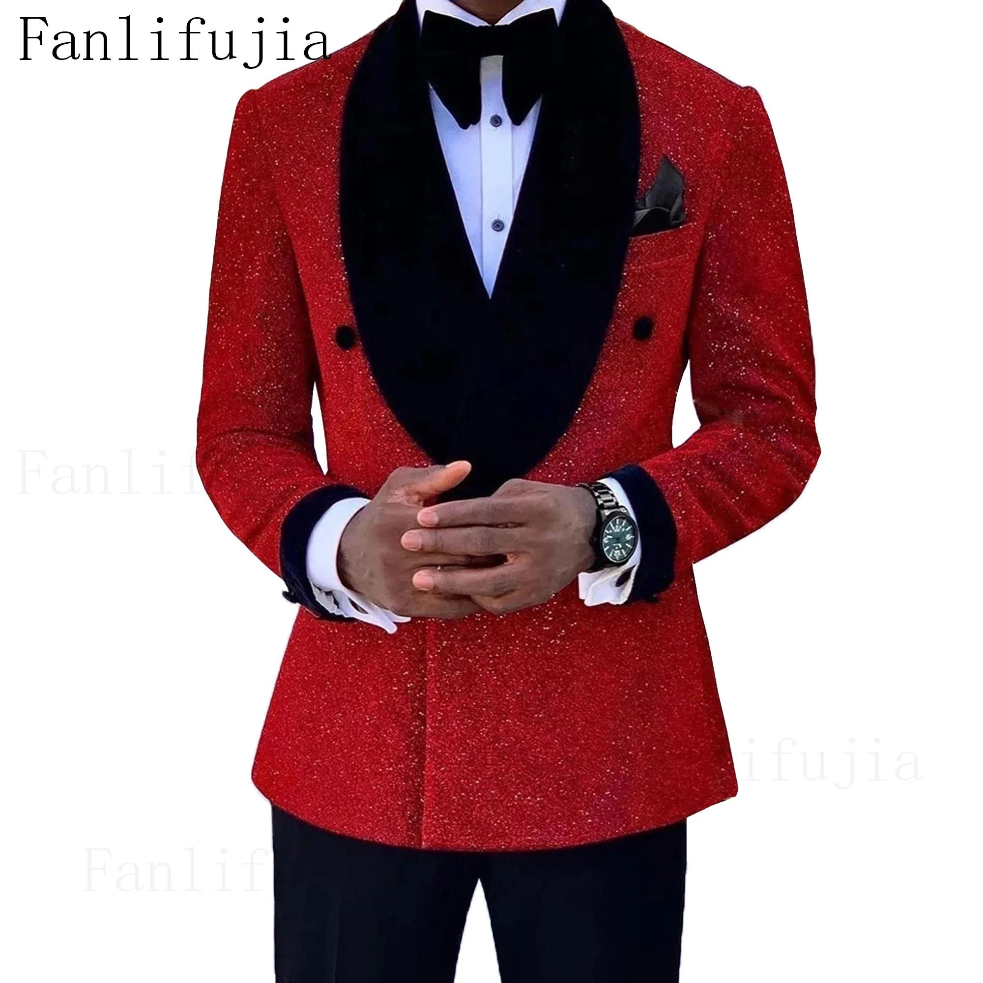 Fanlifujia luxe rouge paillettes costumes hommes marié mariage smoking Double boutonnage Blazer form