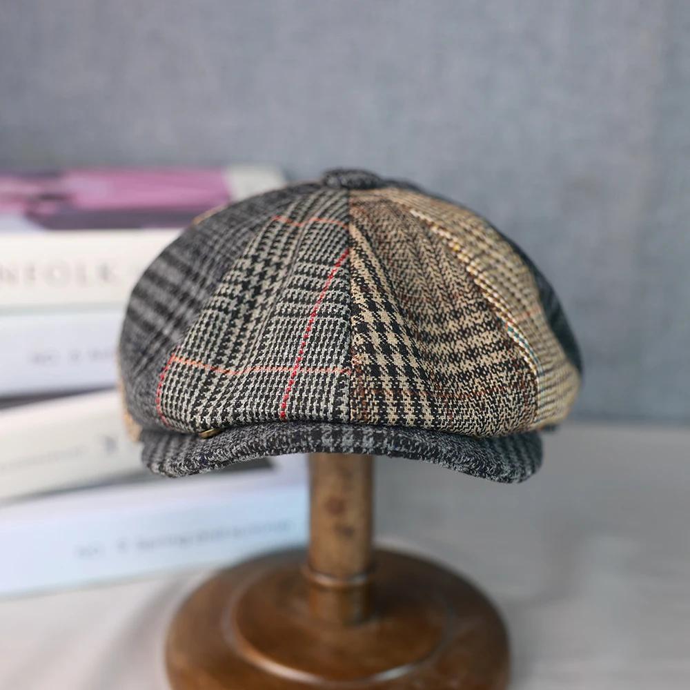 Chapeaux de journal en laine pour hommes et femmes, casquette octogonale Vintage à chevrons, bérets