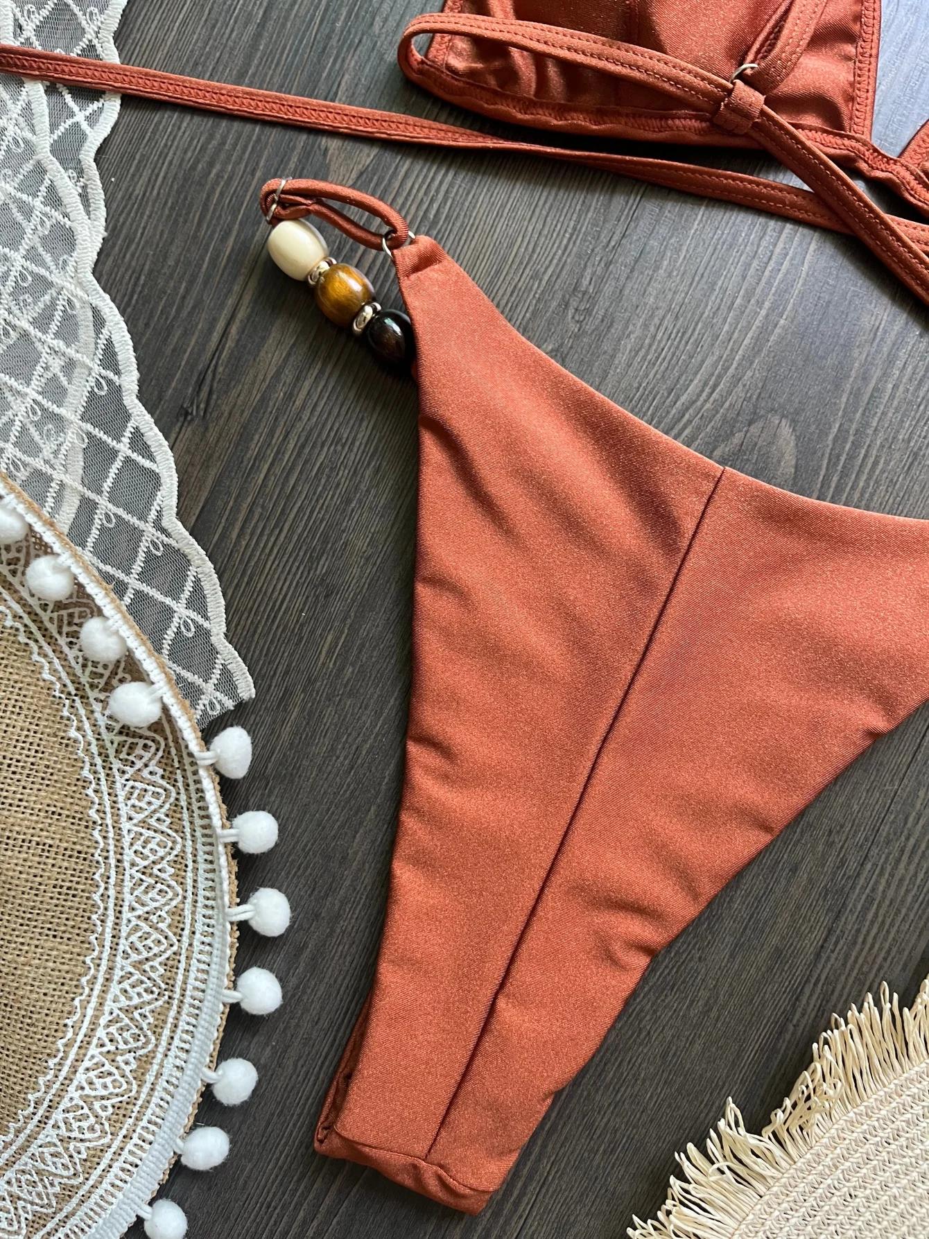 Sexy marron Bikini ensemble 2026 femmes perles sangle trou sur Push Up soutien-gorge string maillot