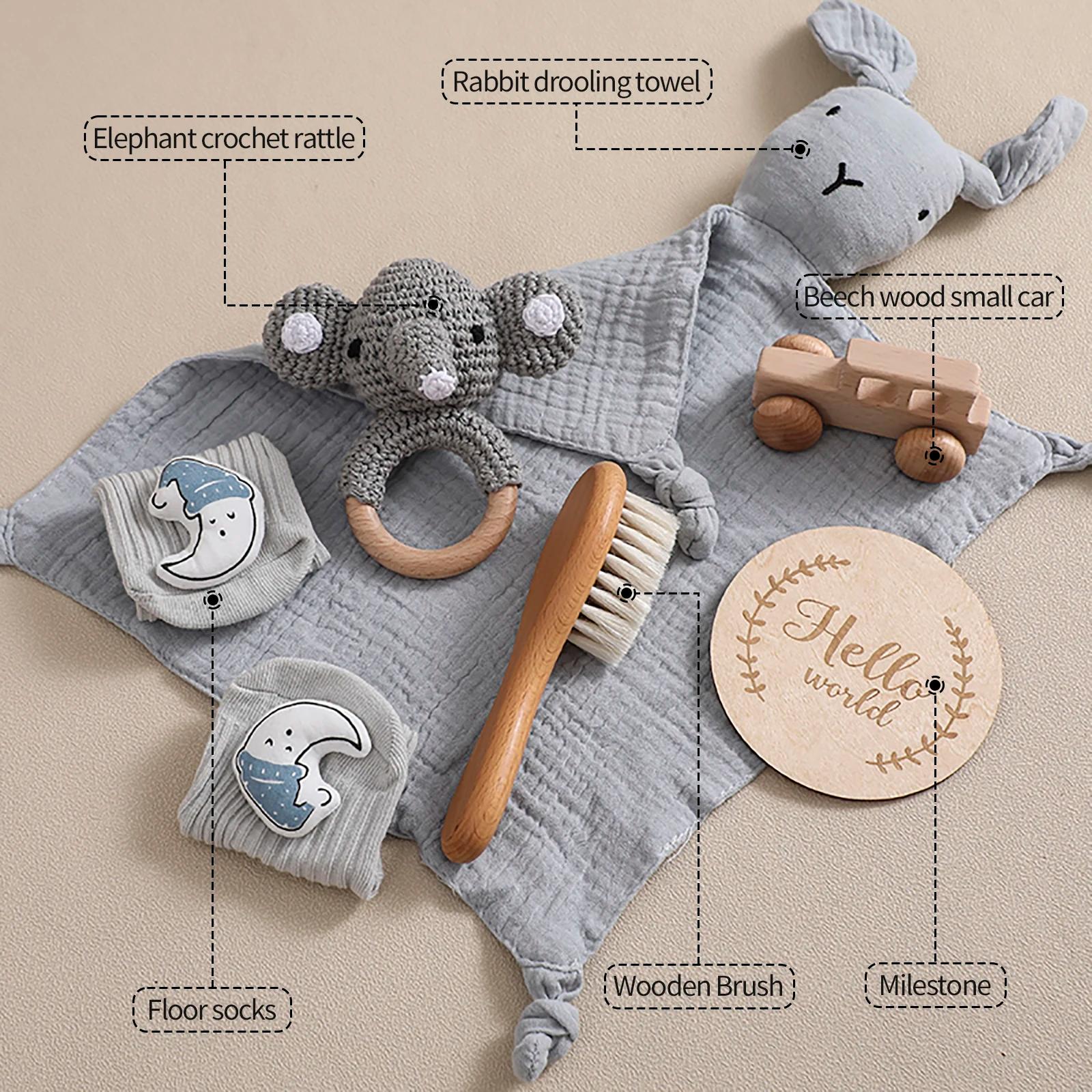Coffret cadeau naissance 7 pièces : couverture bébé coton double face, accessoires de bain nouveau-né