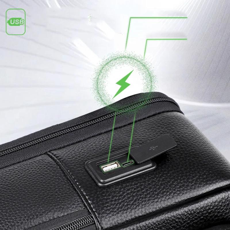 100% sac à dos en cuir véritable hommes 15.6 pouces sac à dos pour ordinateur portable USB Charge an