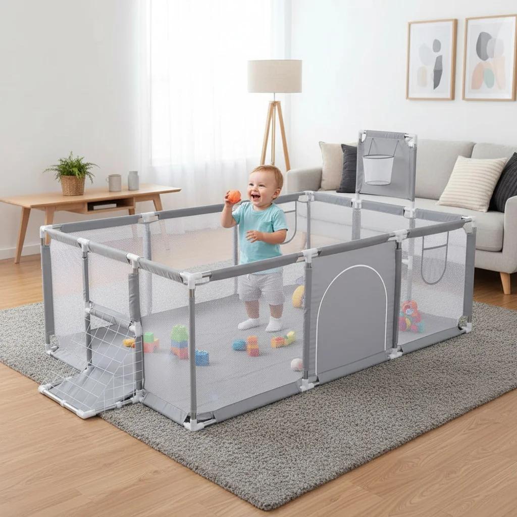 Aire de jeux pour bébé, parc pour bébé de 70 pouces, boîte de clôture grise pour enfants avec Angle