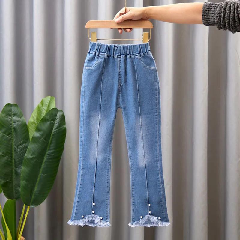 Jeans en dentelle perlée pour adolescentes, pantalons en denim pour filles, pantalons monochromes à