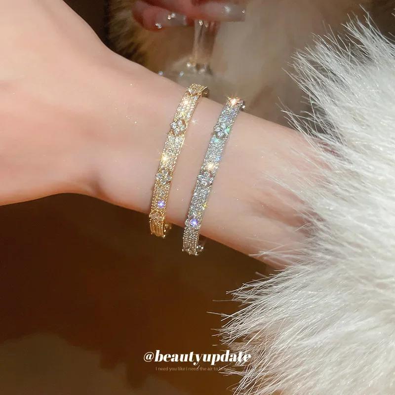 Bracelets de luxe en zircone cubique brillante pour femmes, plaqué or et argent, à la mode, pour fêt