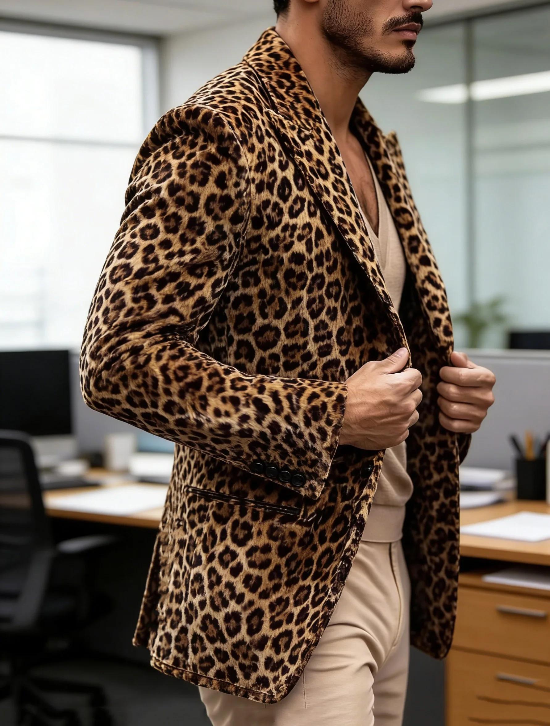Blazer léopard de luxe pour homme, coupe ajustée, revers pointus, simple boutonnage, veste 1 pièce,