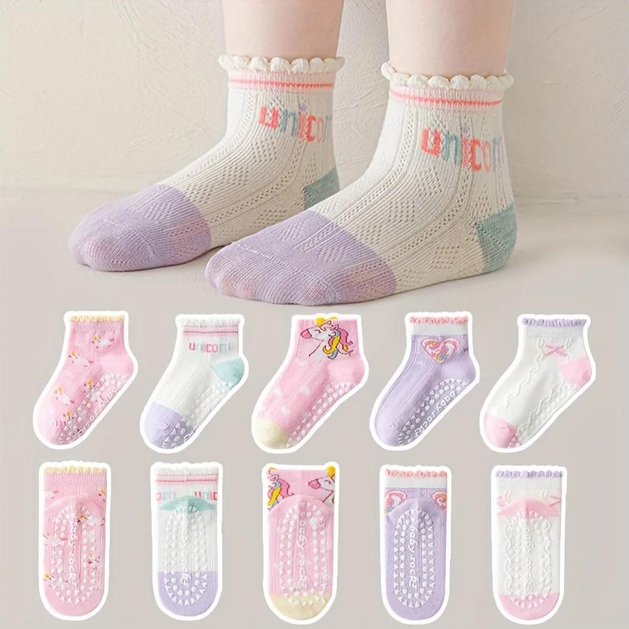 5 paires de chaussettes de sol pour enfants avec colle en dentelle, motif cœur licorne, garçons et f