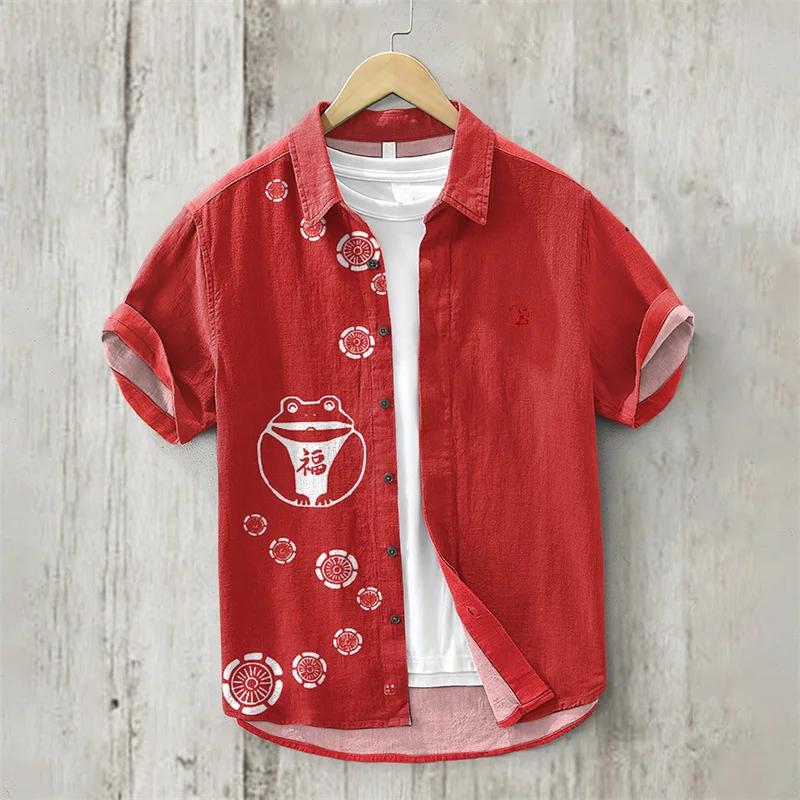 Chemise en lin-2025 été hommes revers à manches courtes T-shirt décontracté imprimé chemise élégant