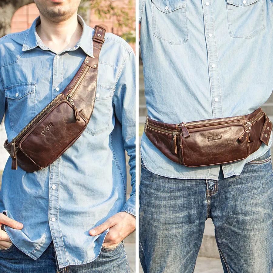 Sac banane en cuir de vachette CONTACT'S pour homme, nouveau sac de taille décontracté, petit sac ba