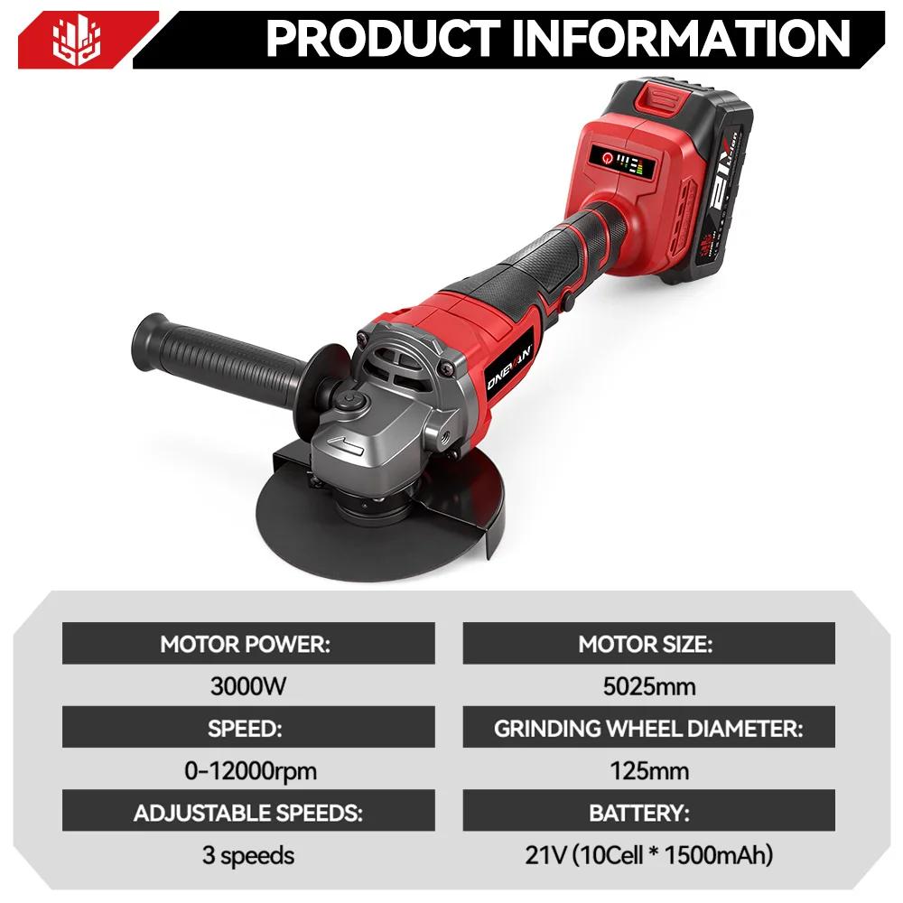 ONEVAN 125MM meuleuse d'angle électrique sans brosse 2in1 polissage 3000W M14 Cutter métal bois outil