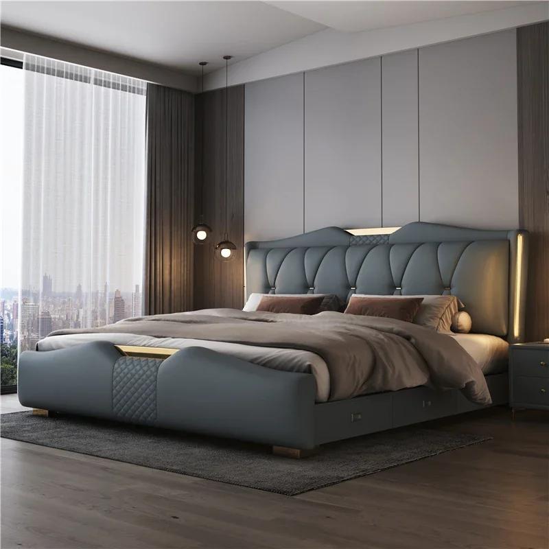 Lit double de luxe 200x220cm avec tête de lit, cadre Queen Size, 3 tiroirs de rangement, pour chambre principale, mobilier de maison
