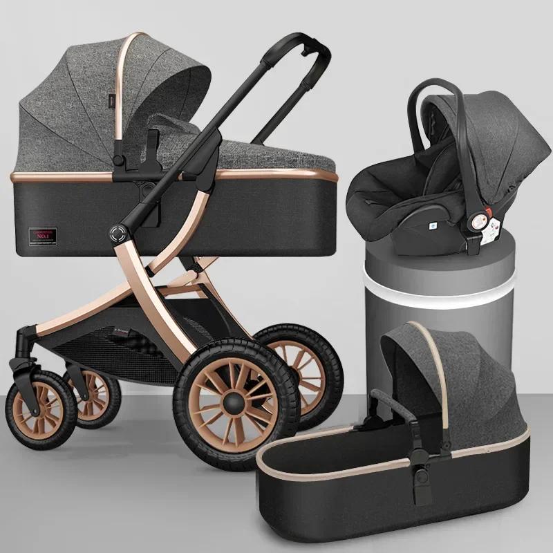 Poussette Haute Pliable 3 en 1 avec Siège Auto pour Bébé