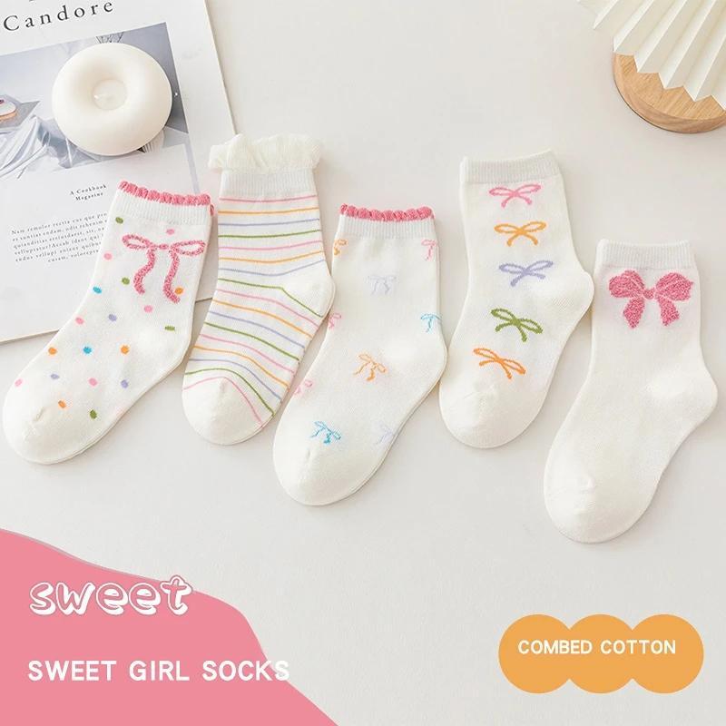 5 paires de chaussettes mi-mollet avec nœud papillon pour enfants filles