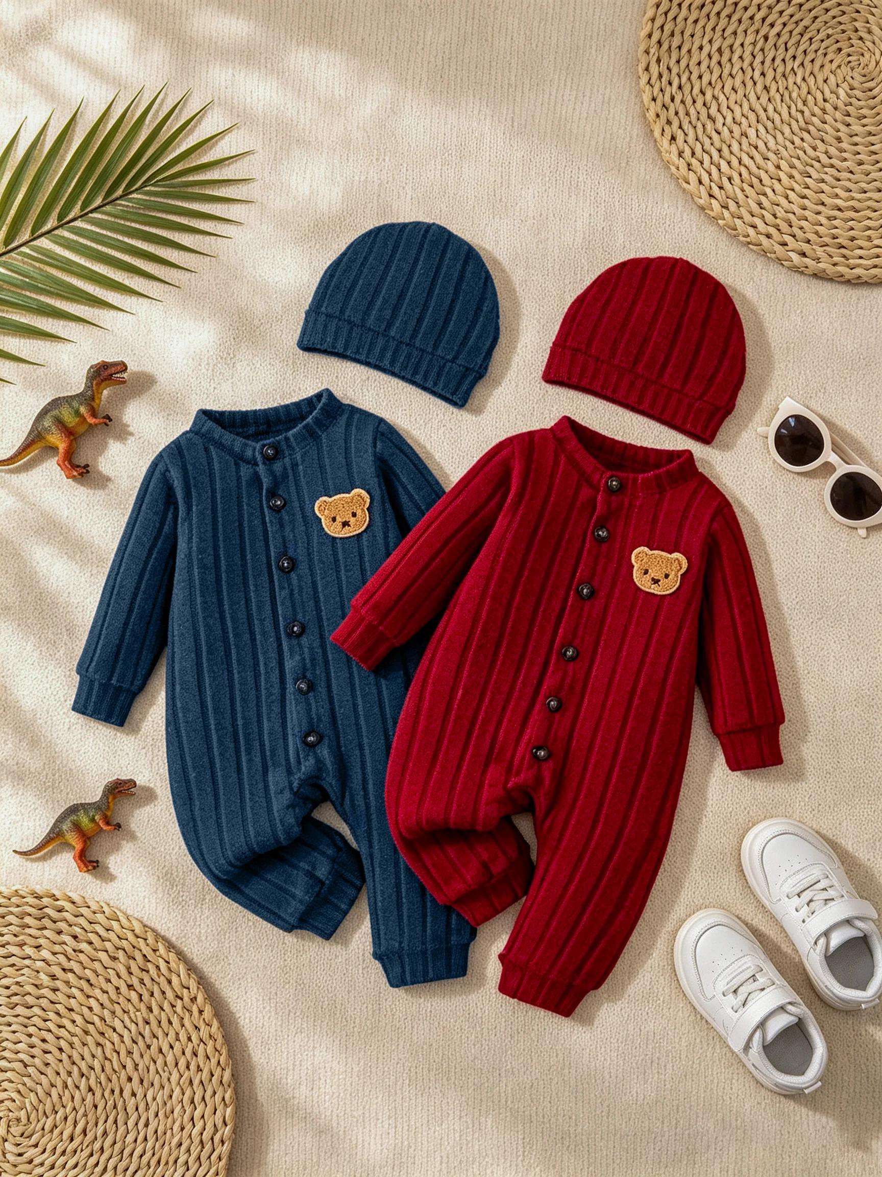 【Bébé garçon】 Combinaison rouge d'automne et d'hiver avec boutons à simple boutonnage sur le devant et insigne d'ours mi