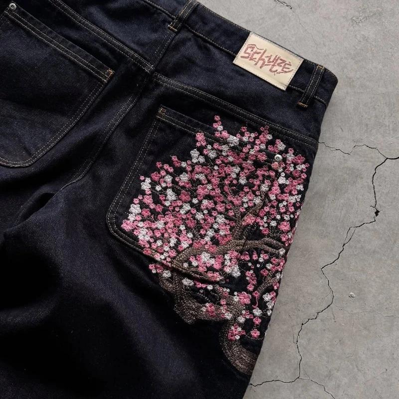 Y2K Harajuku jean Goth vintage fleur de prunier motif brodé pantalon à jambes larges hommes femmes denim tissu style amé