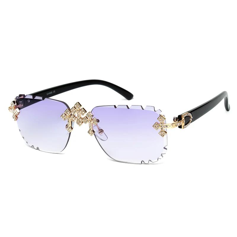 2025 mode carré sans monture lunettes de soleil pour femmes croix diamant métal cadre