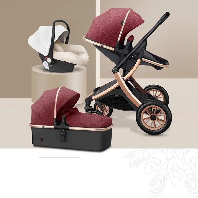 Poussette Haute Pliable 3 en 1 avec Siège Auto pour Bébé