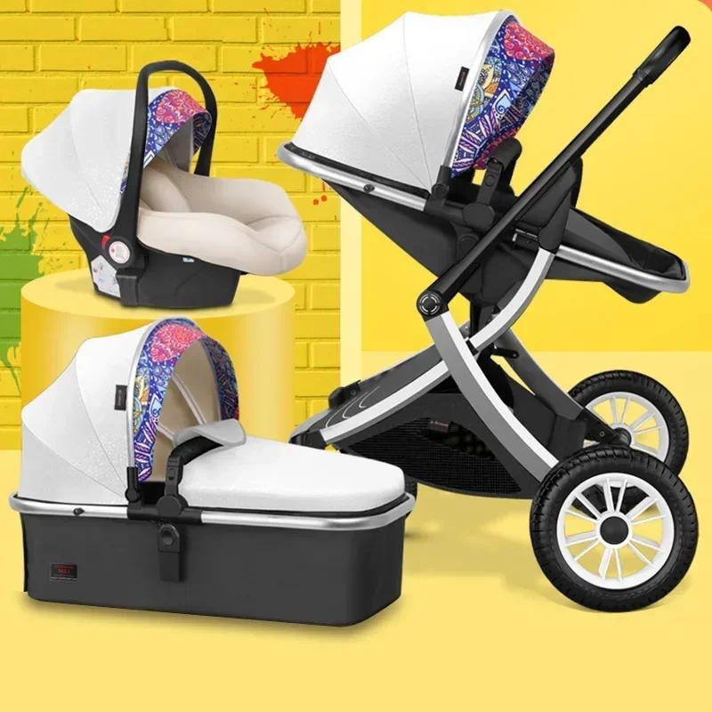 Poussette Haute Pliable 3 en 1 avec Siège Auto pour Bébé