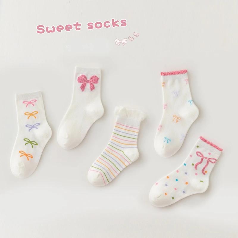 5 paires de chaussettes mi-mollet avec nœud papillon pour enfants filles