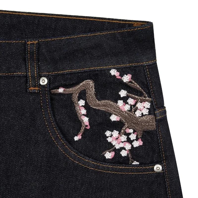Y2K Harajuku jean Goth vintage fleur de prunier motif brodé pantalon à jambes larges hommes femmes denim tissu style amé