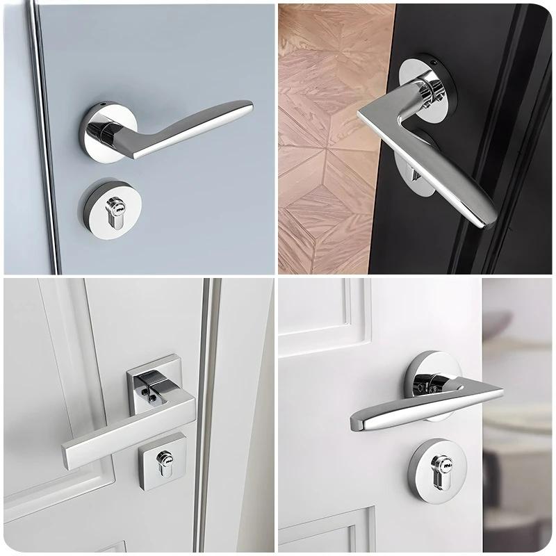 Porte intérieure minimaliste moderne, serrure de porte de chambre à coucher, poignée de porte universelle en bois argenté brillant, serrure à poignée silencieuse fendue