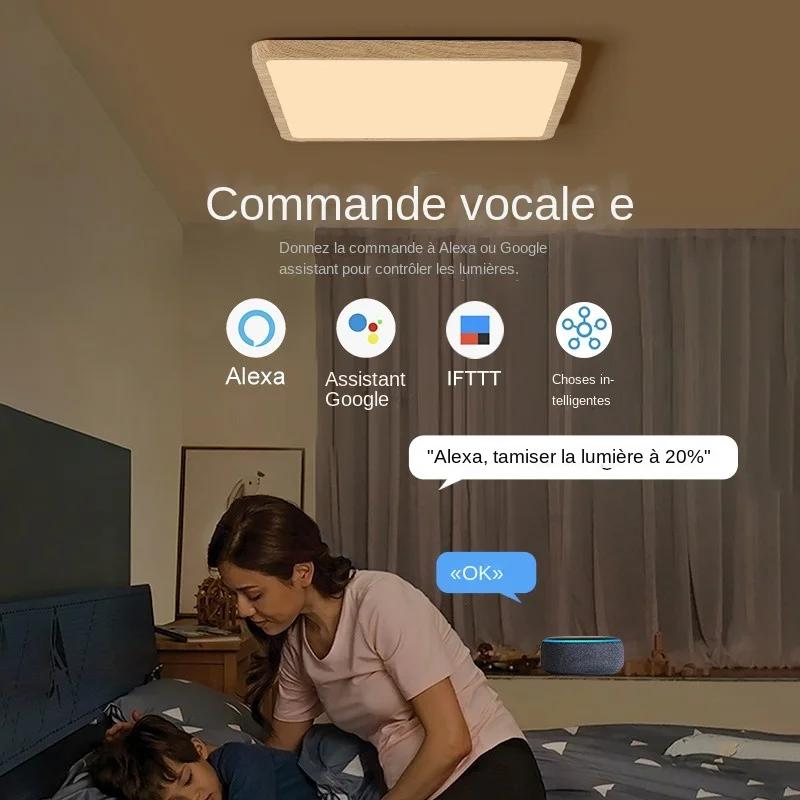 MARPOU Tuya plafonnier LED intelligent Grain de bois App commande vocale Alexa/Google télécommande plafonniers carrés sa