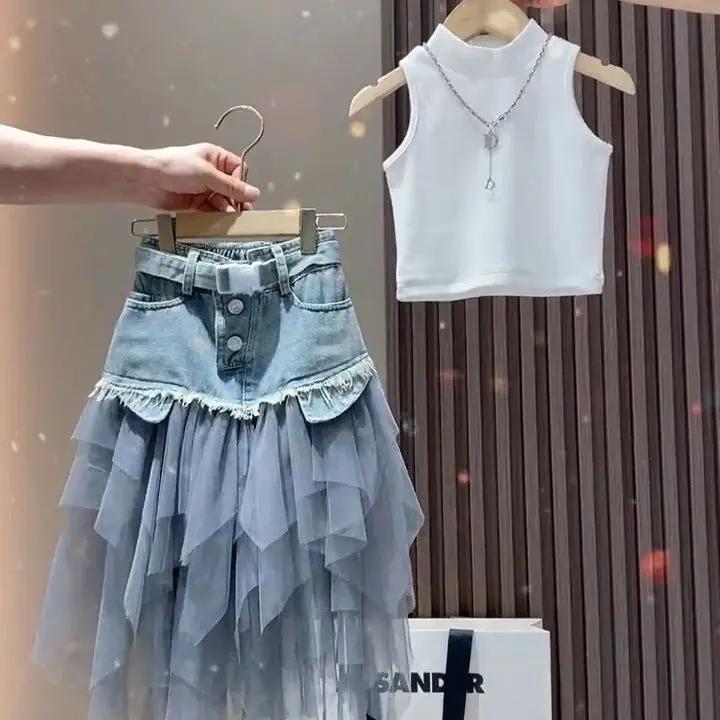 Ensemble été fille version coréenne 2025 - Débardeur + jupe cowboy + veste - Style bébé tendance