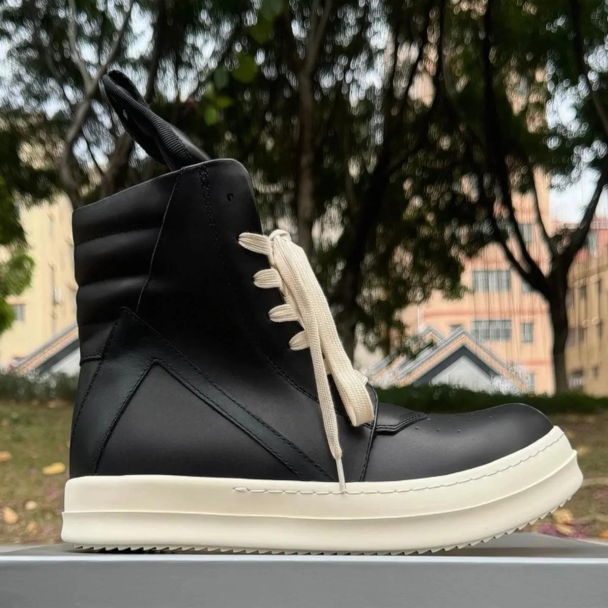 R-o baskets classiques en cuir noir chaussure haute botte noire en peau de vache hommes Sneaker fermeture éclair femmes