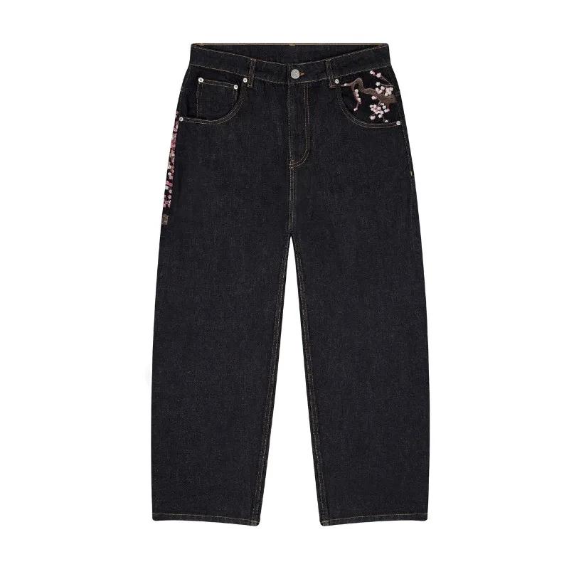 Y2K Harajuku jean Goth vintage fleur de prunier motif brodé pantalon à jambes larges hommes femmes denim tissu style amé