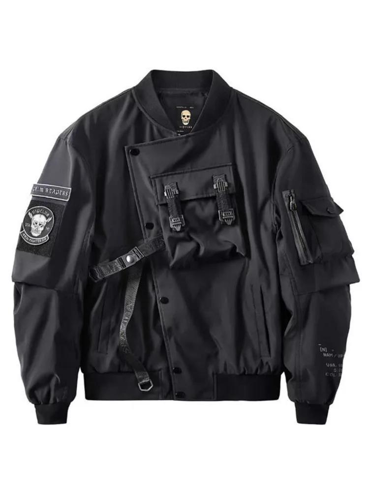 God of Death Bomber Jacket Poitrine Poche Techwear Hommes Punk Hip Hop Tactique Streetwear Noir Varsity Vestes Surdimens