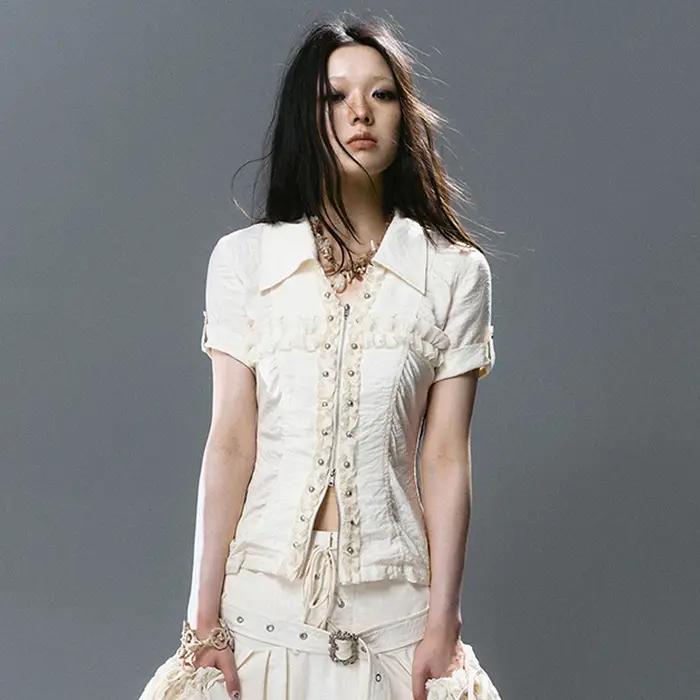 Chemise à lacets croisés Karrcat style grunge, chemisier à rivets Y2K trashy à manches courtes, chem