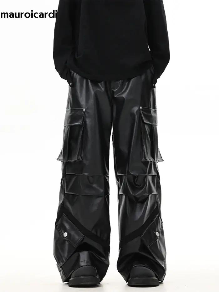 Mauroicardi-Pantalon Cargo en Cuir PU pour Homme, Baggy Noir, Jambes Larges, Poches Tridimensionnell